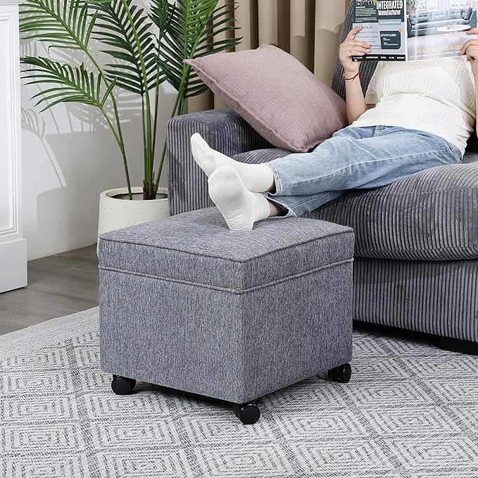 Adeco 17.5" Grey Square Storage Ottoman with Wheels, Modern Cotton Linen Foot Stool with Rollers - Movable & Convenient & Practical, Small Footstool for Living Room, Bedroom