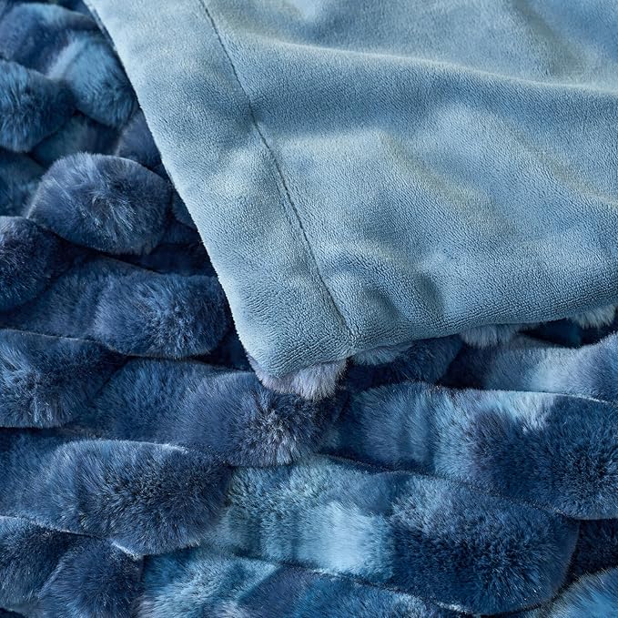 Cozy Bliss Faux Fur Throw Blanket for Couch, Cozy Warm Plush Striped Blanket for Sofa Bedroom Living Room, 60 * 80 Inches Tie-dye Blue