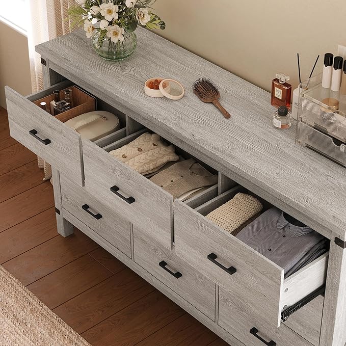 LINSY HOME Dresser for Bedroom with 9 Drawers, 59” Wide Chest with Deep Drawer, Modern Farmhouse Dresser TV Stand with Metal Handles, Wood Storage Cabinet for Closet, Living Room, Hallway, Wash Grey