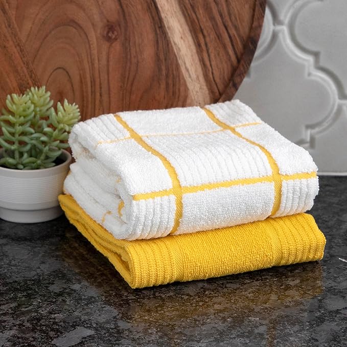 T-Fal Solid & Checked Parquet Kitchen Towels: Highly Absorbent, Super Soft Long Lasting - 100% Cotton, 16"x26" Dish Towels for Cleaning & Drying Dishes, Pans, Glassware, or Countertops, 2-Pack, Lemon