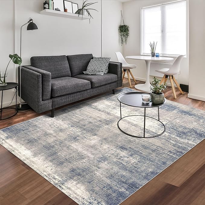 vivorug 9x12 Area Rugs for Living Room, Non Slip Machine Washable Modern Abstract Rug, Ultra-Thin Lightweight Large Area Rug for Bedroom, Dining Room, Low Pile Grey/Navy