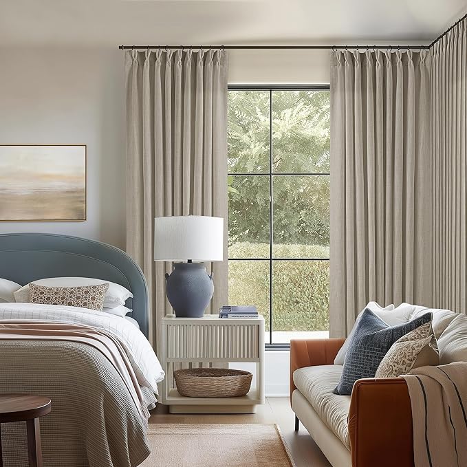 Burlywood Taupe Pinch Pleated Linen 108 Inch Curtains 60 Inch Width for Living Room Divider Light Filtering Semi Sheer Extra Wide Patio Curtains for Sliding Door Floor Ceiling Picture Window 60x108