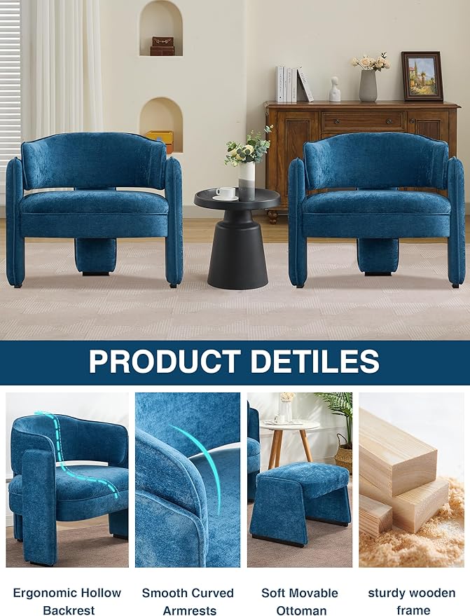 LOULENS Accent Chair with Ottoman, Oversized Barrel Chair, Modern Upholstered Comfy Armchair for Living Room, Bedroom, Reading Room & Corner, Blue