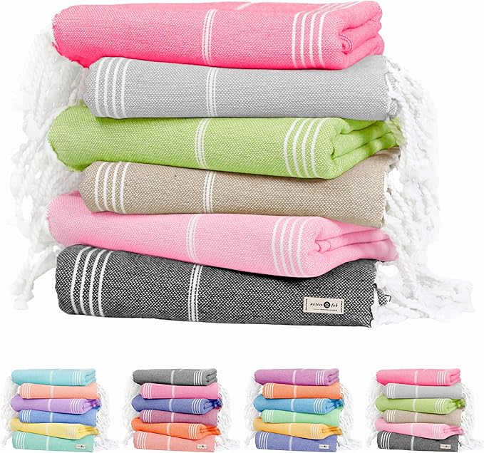 Native Fab Oversized 6 Pack Turkish Towels, 100% Cotton, 40"x71", Thin, Lightweight, Fast Dry, Sand Free, Soft, Compact for Travel, Ideal for Beach, Bath, Pool, Gym, Spa, Summer - Assorted 6 Colors