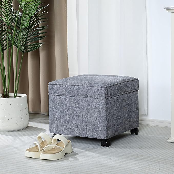 Adeco 17.5" Grey Square Storage Ottoman with Wheels, Modern Cotton Linen Foot Stool with Rollers - Movable & Convenient & Practical, Small Footstool for Living Room, Bedroom