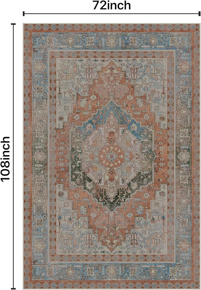 GENIMO 6X9 Area Rugs for Living Room, Machine Washable Vintage Floor Cover Foldable Modern Non Slip Rug, Low Pile Soft Indoor Carpet Floral Print Mat Rug,Bedroom/Dining Room/Office,Multi-Terracotta