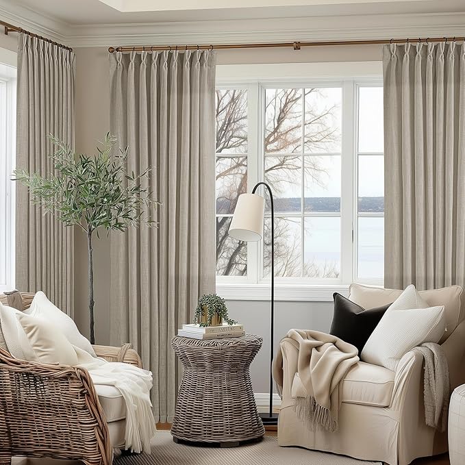 Extra Wide Curtains 90 Inches Long 60 Inch Width for Living Room Bedroom Light Filtering Semi Sheer Farmhouse Pleated Curtain Hooks Rings for Patio Sliding Door Large Window Burlywood Taupe 1 Panel