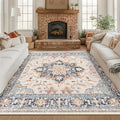 Area Rugs Square 8ft Washable Non-Slip, Floral Vintage Distress Print Pattern Medallion Carpet for Living Room Bedroom Dining Room, Beige Navy Blue Orange Colorful