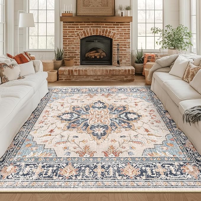 Area Rugs Square 8ft Washable Non-Slip, Floral Vintage Distress Print Pattern Medallion Carpet for Living Room Bedroom Dining Room, Beige Navy Blue Orange Colorful