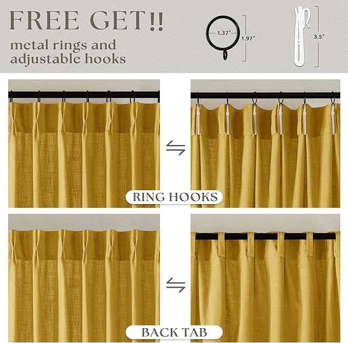 Mustard Yellow Pinch Pleated Linen Curtains 45 Inch Length 2 Panels Set for Bedroom Dining Room Kitchen Semi Sheer Linen Boho Retro Farmhouse Small Window Curtains 45 Inches Long Harvest Gold Yellow