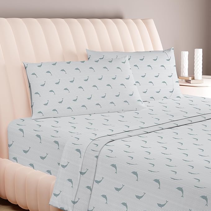 Carressa Linen Luxury Egyptian Cotton Queen Printed Sheet Set - 600 Thread Count Extra Long Staple 4 PC Set, Dolphin Dance Queen Printed Sheets, Soft, Cooling Sheets Upto 18 in Deep Pocket