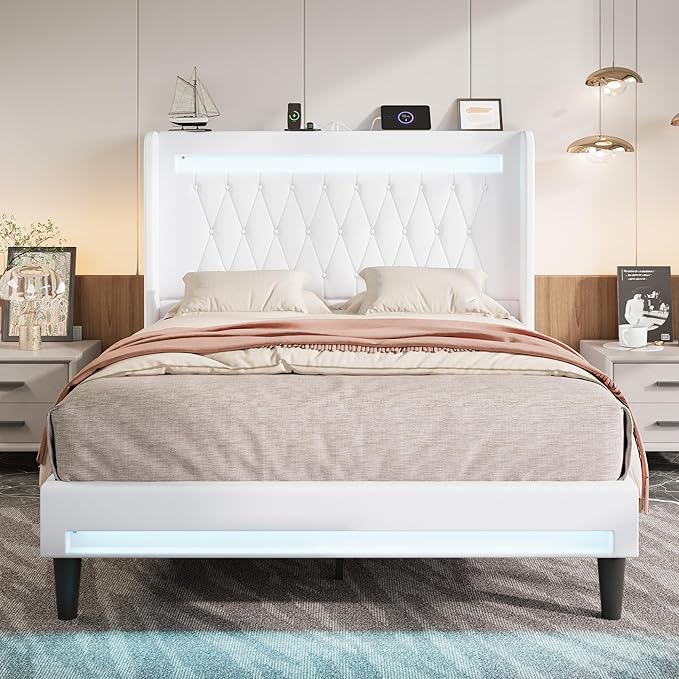 Allewie Upholstered Queen Size Platform Bed Frame with LED Light and Charging Station, Button Tufted High Headboard, Wingback Design, Noise Free, Easy Assembly, No Box Spring Needed, White