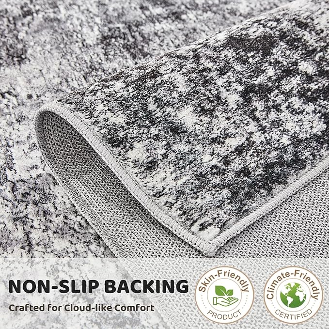 Washable Runner Rug for Hallway: 2x6 Neutral Modern Abstract Low Pile Area Rug with Non-Slip Backing - Carpet for Bedroom Kitchen Laundry Entryway Bathroom Indoor - Grey