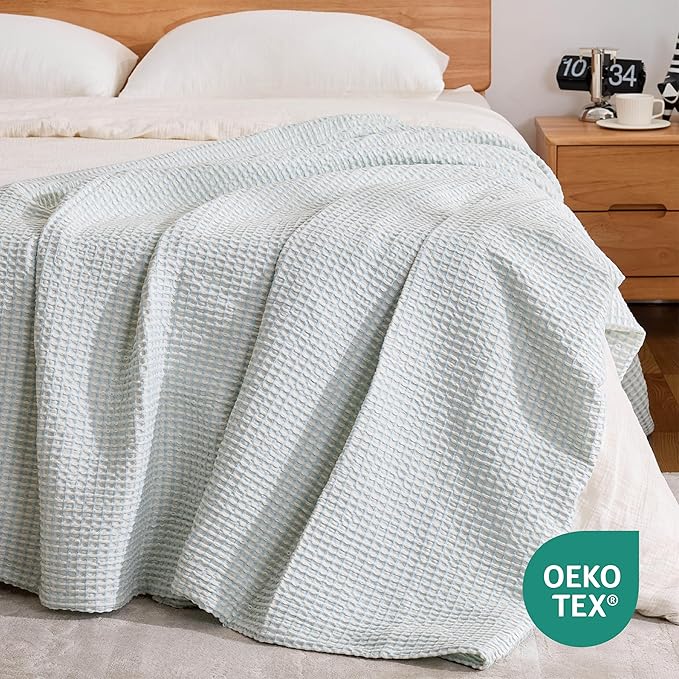 EGOHOME 100% Cotton Queen Size Blankets for Bed,Soft Jacquard Waffle Weave Blanket,Lightweight and Breathable Unique Dual-Tone Texture Cotton Blanket for All Seasons-Angel Falls Blue,90 x 90 Inches