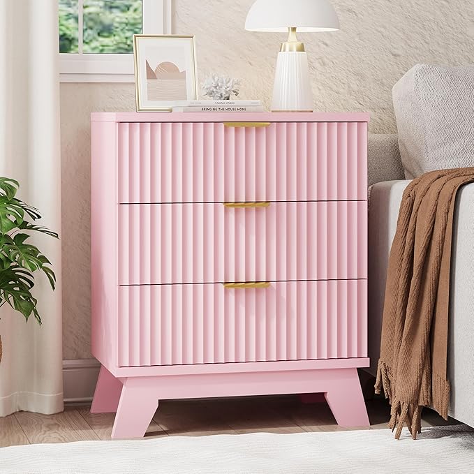 Fluted Nightstand, 24" Wide Side Table with 3 Large Storage Drawers, Mid Century Modern Wood Night Stand with Metal Handle, Wooden Bedside End Table for Bedroom, Living Room, Closet, Pink