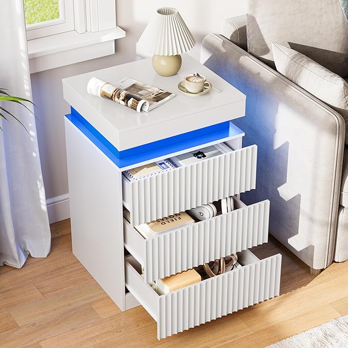 Nightstand with Charging Station & LED Lights, Modern Small Fluted Bedside & End Table with 3 Drawers, Sliding Top & Hidden Storage, Wooden Farmhouse Night Stand for Bedroom Office Sofa, White