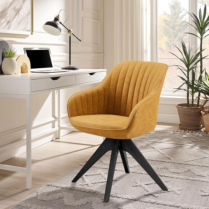 Zouron Mid Century Modern Accent Chair with Black Oak Wood Legs, Upholstered Swivel Chair No Wheels, Side Accent Armchair Vanity Chair for Small Space Home Office Living Room Bedroom, Yellow Brown