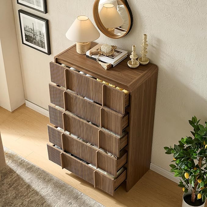 AMERLIFE Fluted 5 Drawer Dresser, 48" Tall Modern Chest of Drawers with Pine Handles, Rounded Corners & Anti-Tip, Wood Drawer Organizer for Cloth, Bedroom, Living Room, Hallway, Dark Walnut