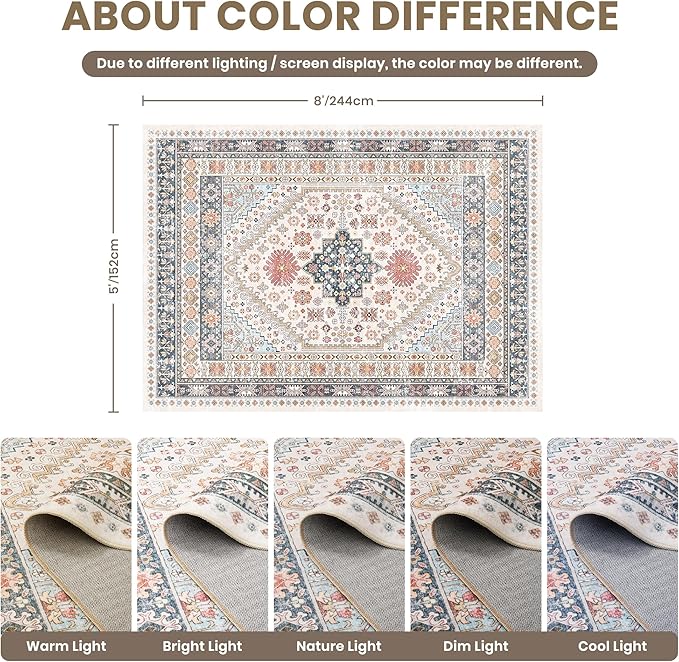 zesthome 5x8 Area Rugs for Living Room,Non-Slip Backing Washable Rugs,Vintage Large Area Rug，Stain Resistant Home Decor Rug (Multi,5'x8')