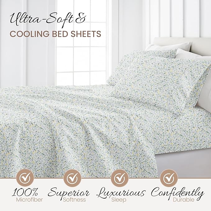 Linen Market Double-Brushed Patterned Microfiber California King Sheet Set 4 Piece – Oeko-TEX Certified Ultra Soft & Wrinkle-Free - 16" Deep Pocket Sheets Easy Care Cal-King Size - Wildflower Blue