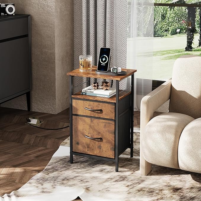 WLIVE Night Stand Set 2, Nightstand with Charging Station, Bedside Tables for Bedroom, Side Table with Fabric Drawers, USB Ports and Outlets, Rustic Brown