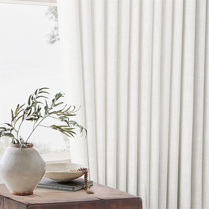 Beige White Pinch Pleated Linen Curtains 2 Panels 100 Inches Long for Living Room Bedroom Memory Training Shaped Semi Sheer Pleat Drapes with Hooks Rings Light Filtering Window Curtain 40x100