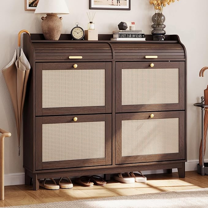 LINSY Shoe Storage Cabinet, Rattan Shoe Cabinet Flip Drawer Shoes Rack Cabinet with Sliding Tambour Door, Large Shoe Cabinets Mid Century Modern Hidden Shoe Storage Organizer for Entryway, Walnut