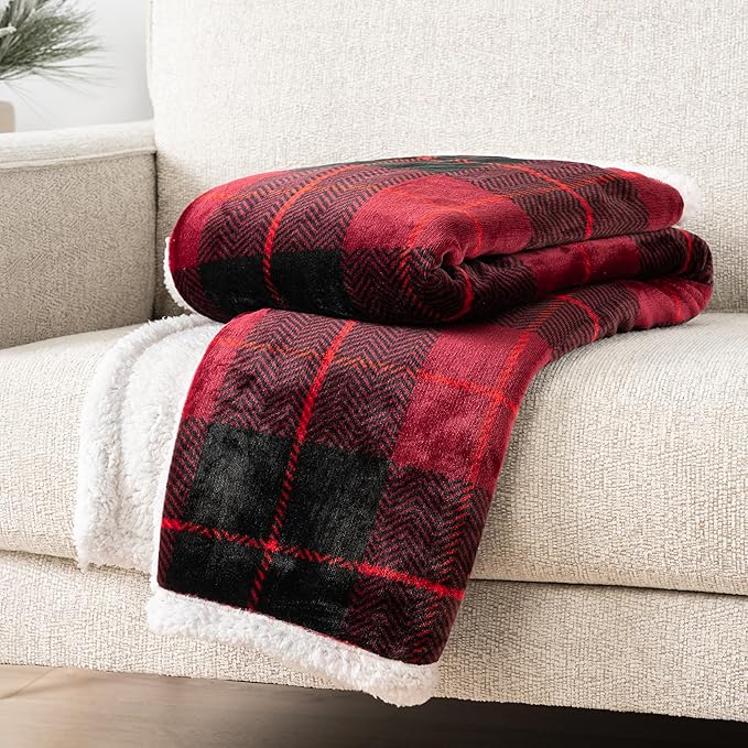Pavilia Red Plaid Sherpa Throw for Twin, Plush Flannel Fleece Blanket and Throws, Soft Fuzzy Cabin Blanket for Sofa Bed, Warm Cozy Winter Gift, 60x80