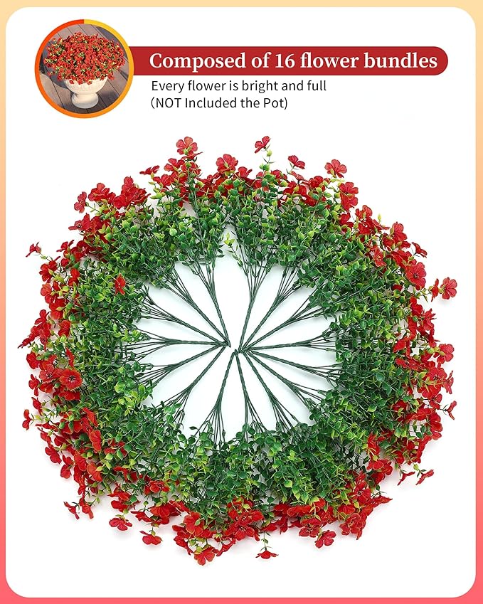 Faux Flowers for Outdoor Planters 16 Bundles UV Resistant Artificial Eucalyptus Fake Plants Outside Spring Summer Yard Decoration Realistic Silk Daisy Used for Patio,Front Porch,Garden,Pots Decor