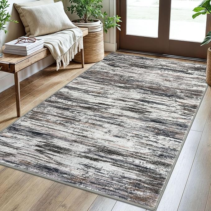 3x5 Modern Abstract Area Rug for Entryway, Grey Brown Super Soft Washable Rug with Non-Slip, Low-Pile Door Mat Indoor for Living Room Bedroom, Carpet with Non-Shedding