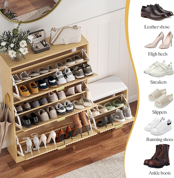 Shoe Cabinet Storage for Entryway with 4 Flip Drawers, Oak Fluted Shoe Cabinet with Bench, Wooden Hidden Shoe Rack Freestanding Narrow Slim Shoes Storage Organizer for Hallway, Entrance