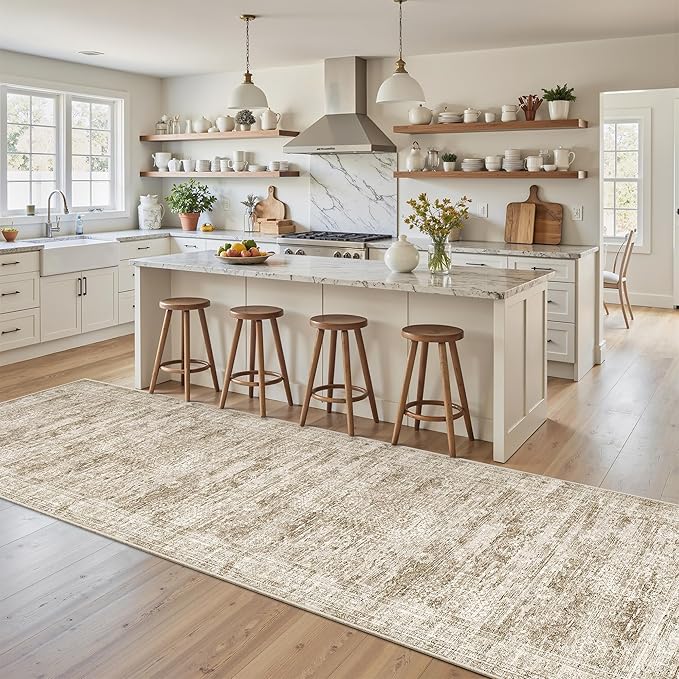 Runner Rug 2'6" x 10' Washable Non-Slip Runner Rugs for Kitchen Bathroom Laundry Room Vintage Ultra Thin Runners for Hallway Entryway Brown