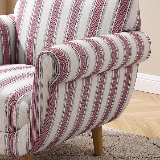 VANOMi Mid-Century Accent Chair with Stripe Pattern, Modern Linen Fabric Armchair with Wood Legs, Club Chair for Living Room, Comfy Upholstered Side Chairs for Bedroom, Reading, Small Place (Red)