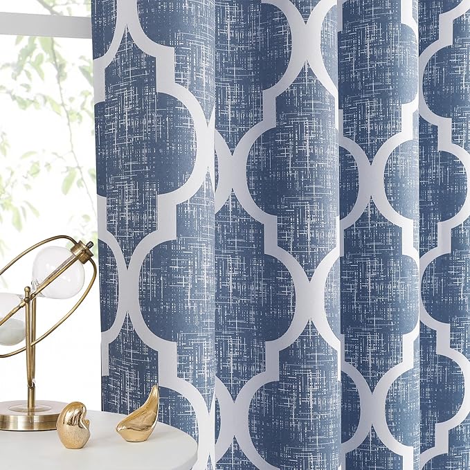Beauoop 100% Blackout Curtains 54 Inches Long 2 Panels for Bedroom Living Room Blue Moroccan Geo Room Darkening Thermal Insulated Soundproof Grommet Top Window Treatments Drapes, 50x54 Set of 2