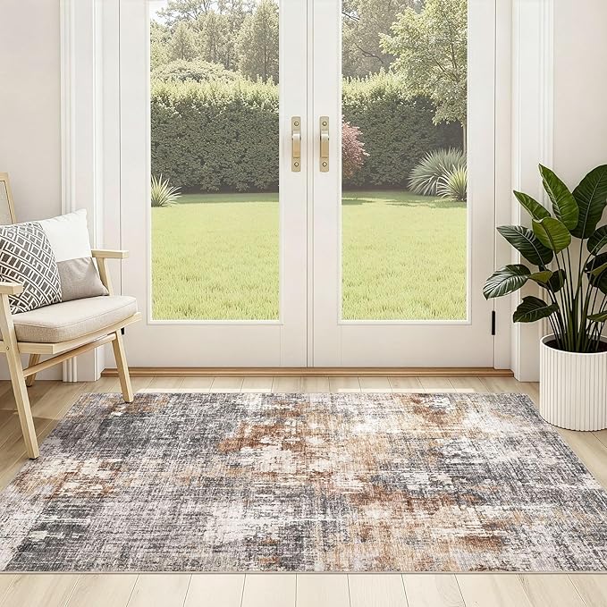 Washable Area Rug: 3x5 ft Abstract Small Rugs for Entryway Kitchen Living Room Bedroom - Non Slip Modern Neutral Carpet Indoor Front Door - Grey Brown