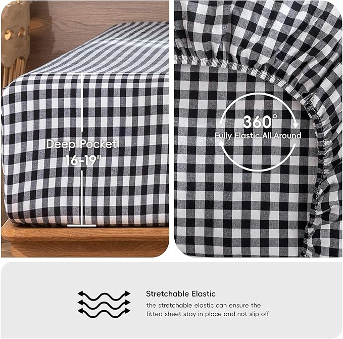 MooMee Gingham Sheet Set 100% Washed Cotton Linen Like Textured Breathable Soft w/ Fully Elasticized 16-19" Deep Pocket (Classic Gingham Black White, King)