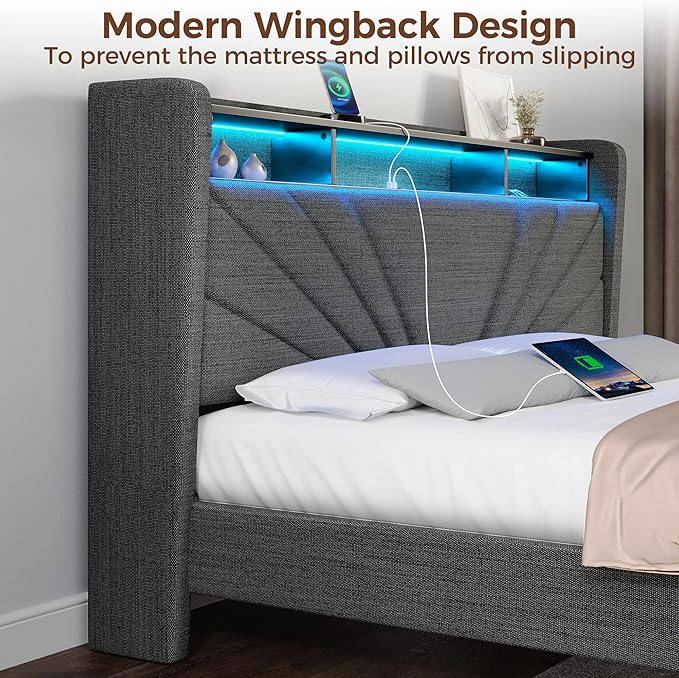 Rolanstar Queen Size Bed Frame, Storage Headboard with Charging Station and LED Lights, Upholstered Bed with Heavy Duty Wood Slats, No Box Spring Needed, Noise Free, Easy Assembly, Dark Grey