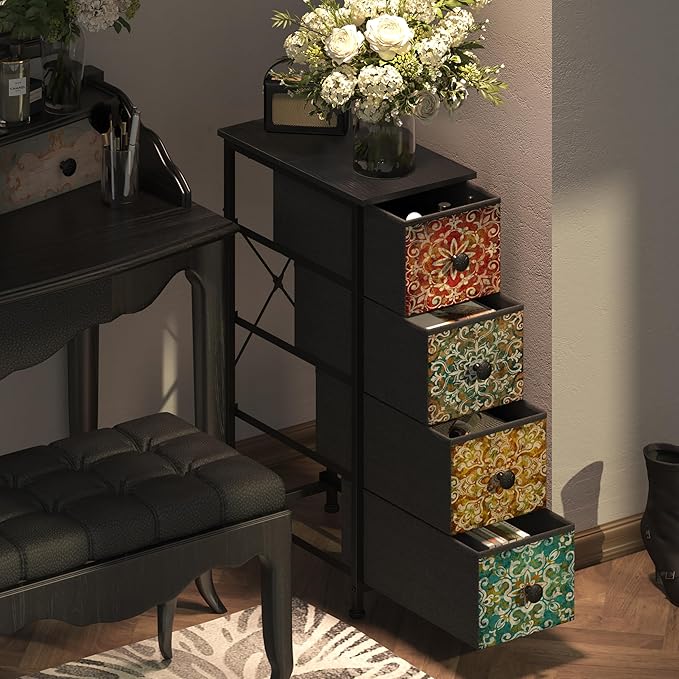GiftGo Skinny Slim Dresser with Fabric Drawers Thin Boho Mandala Flower Chest of Drawers Narrow Storage Tower for Small Spaces Gaps Bedroom Beautiful Nightstand Living Room Table