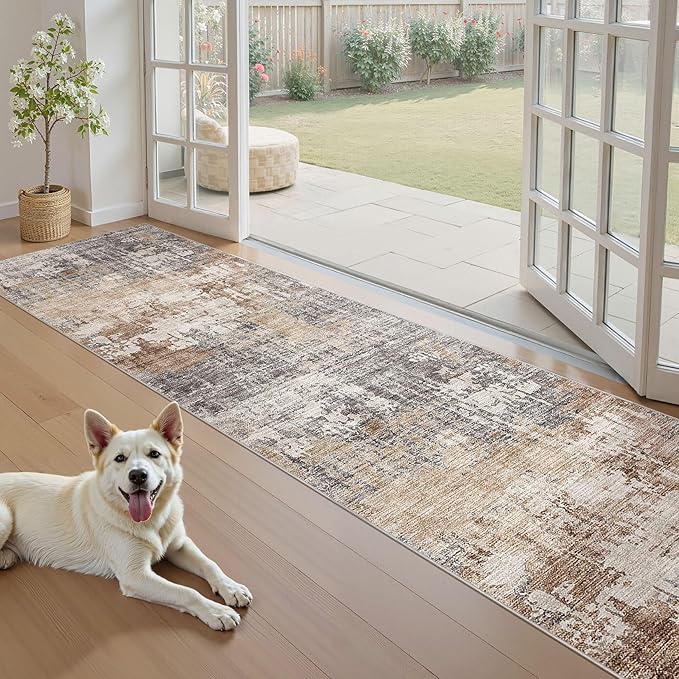 Washable Runner Rug for Hallway: 2.6x14 Neutral Modern Abstract Low Pile Area Rug with Non-Slip Backing - Carpet for Bedroom Kitchen Laundry Entryway Bathroom Indoor - Grey Brown