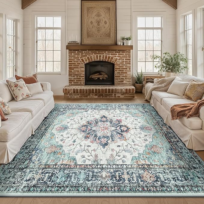 Area Rugs Square 8ft Washable Non-Slip, Floral Vintage Distress Print Pattern Medallion Carpet for Living Room Bedroom Dining Room, Green Navy Blue White Red Teal Colorful