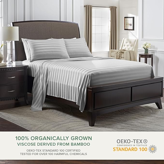 Pure Bamboo King Sheets, Genuine 100% Organic Viscose Derived from Bamboo Bed Sheet Set, Luxuriously Soft & Cooling, Double Stitching, 2 Year Quality Promise (King, Jacquard Silver)