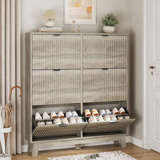 Shoe Cabinet with 6 Flip Drawers, 54" Tall Narrow Fluted Shoe Storage Organizer for Entryway, Hidden Slim Wooden Shoe Rack Cabinet for Front Door Entrance, Hallway, Living Room, Light Grey