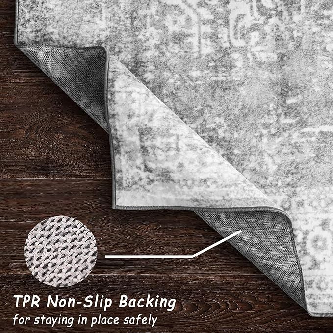 vivorug 3x5 Neutral Area Rugs, Stain Resistant Washable Rug for Living Room, Vintage-Inspired (Ivory/Silver, 3'x5')