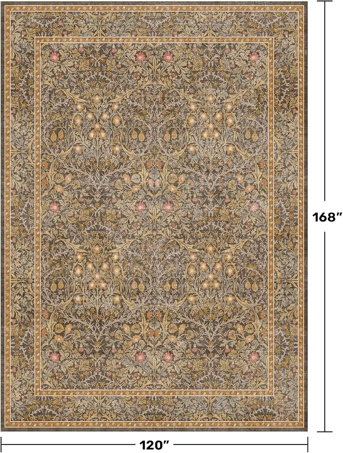 Washable 10x14 Living Room Rug - Brown Oriental Large Area Rug for Dining Room Under Table, Low Pile Non-Slip Floor Carpet for Bedroom Under Bed - Vintage Taupe Design & Stain Resistance