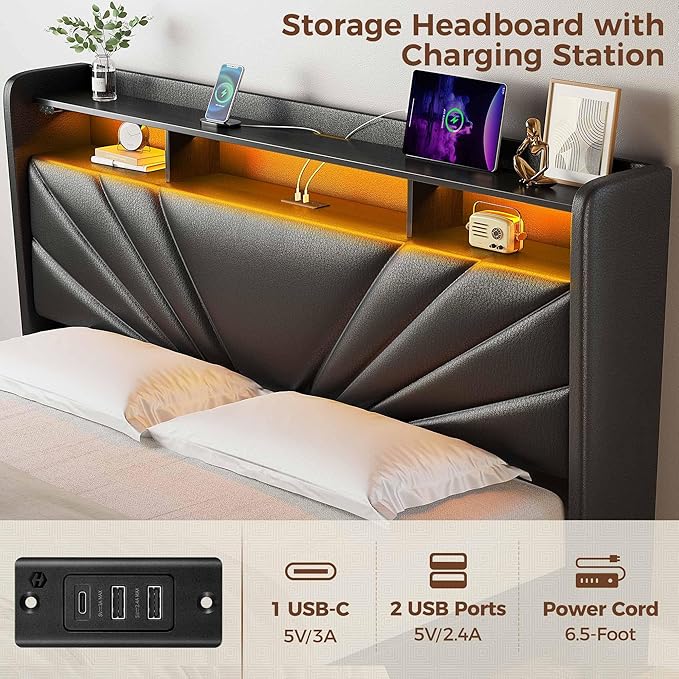 Rolanstar Queen Size Bed Frame, Storage Headboard with Charging Station and LED Lights, Upholstered Bed with Heavy Duty Wood Slats, No Box Spring Needed, Noise Free, Easy Assembly, Black