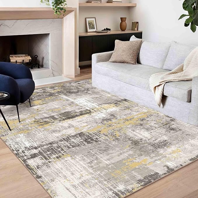 vivorug 9x12 Area Rugs for Living Room, Non Slip Machine Washable Modern Abstract Rug, Ultra-Thin Lightweight Large Area Rug for Bedroom, Dining Room, Low Pile Yellow