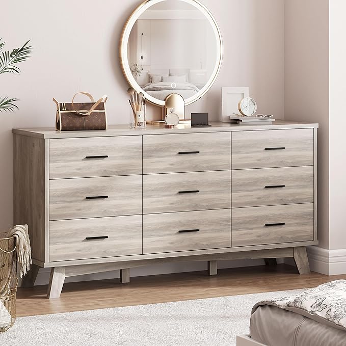 Dresser for Bedroom, 9 Drawer Wide Modern Chest of Drawers with X-Shaped Sturdy Base, Wood Double Dresser Closet Clothes Storage Organizer, Wooden TV Stand for Living Room, Hallway, Grey