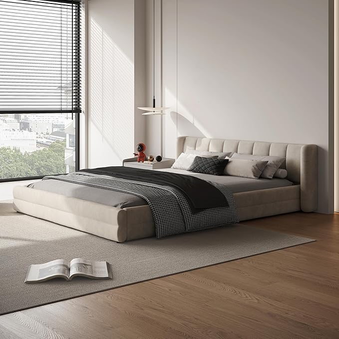 DEINPPA Queen Size Bed Frame with Cloud Soft Headboard, Chenille Upholstered Grounded Wood Base Bed Frame, No Box Spring Needed-Beige
