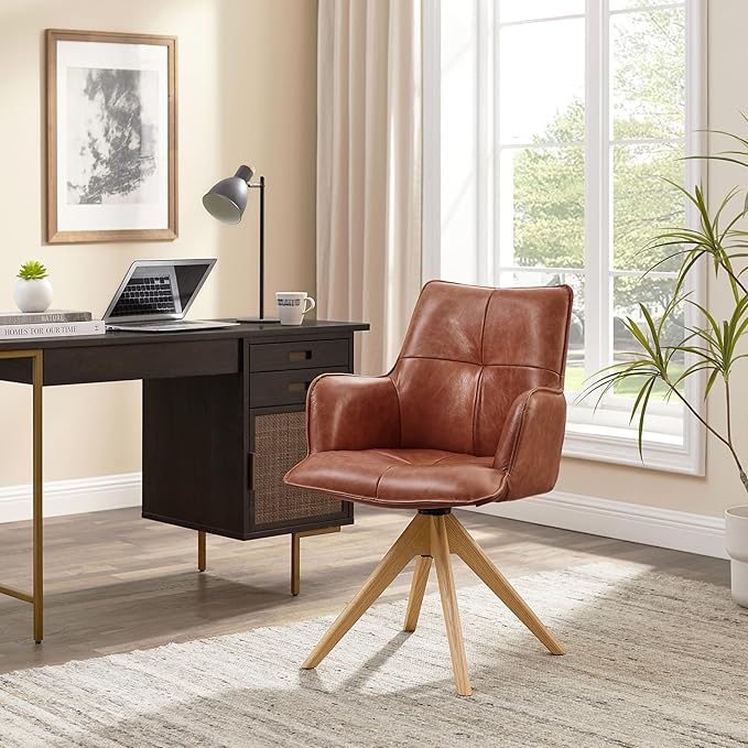 Art Leon Home Office Desk Chair - Genuine Leather Upholstered Accent Armchair, Mid Century Swivel Chair with Black Oak Wood Legs for Small Space Living Room Bedroom, Red Brown