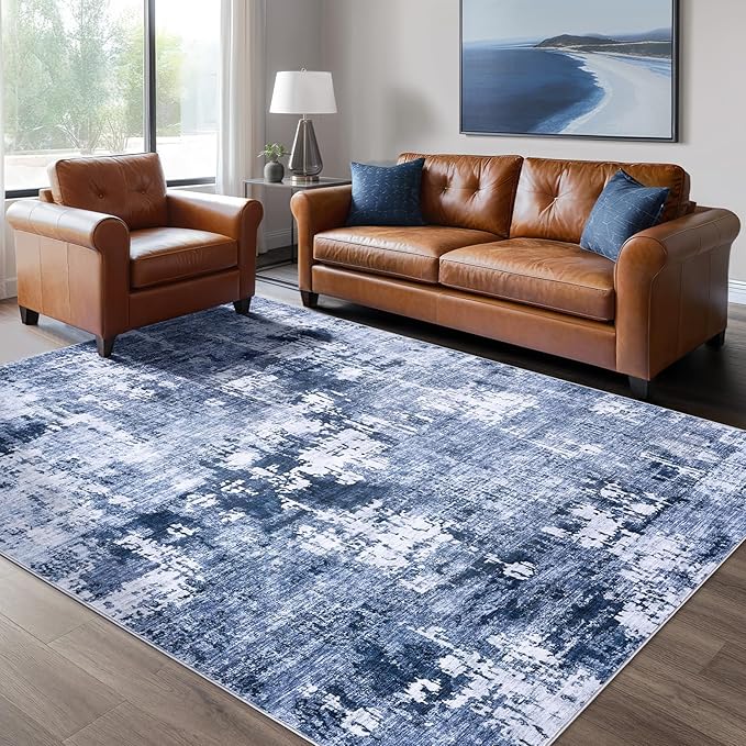 Area Rug Living Room Rugs - 5x7 Washable Large Soft Indoor Neutral Modern Abstract Low Pile Rug Carpet for Bedroom Dining Room Farmhouse Home Office - Navy Blue